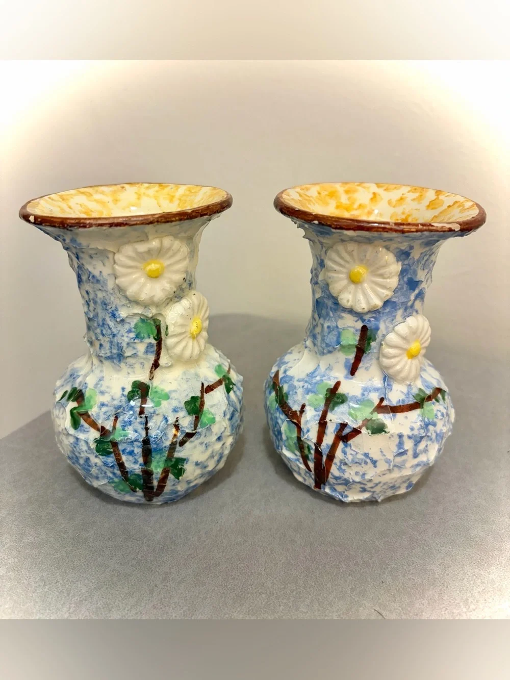 Pair Vintage Italy Hand-Painted Floral Textured Vases Blue White Signed 4.5”